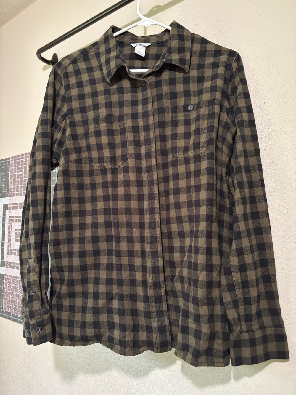Duluth Trading Co Black and Olive Plaid Button-Down Shirt